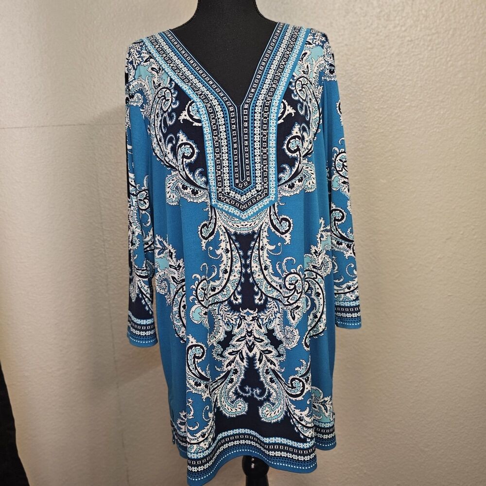Festival Chic Teal Navy Paisley V-Neck Tunic Blouse/shift Dress Boho Artsy  B021